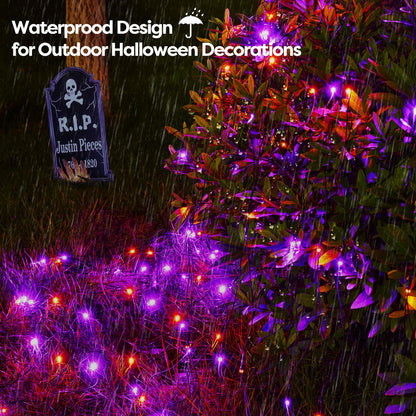 WBao Solar Halloween Lights Outdoor 200LED F8 Big Bulbs, 8.4ft x 5.2ft Orange Purple Net Lights with Remote, 8 Modes, Timer, Connectable, Waterproof & Dark Green Wire for Lawn, Bushes Halloween Decor