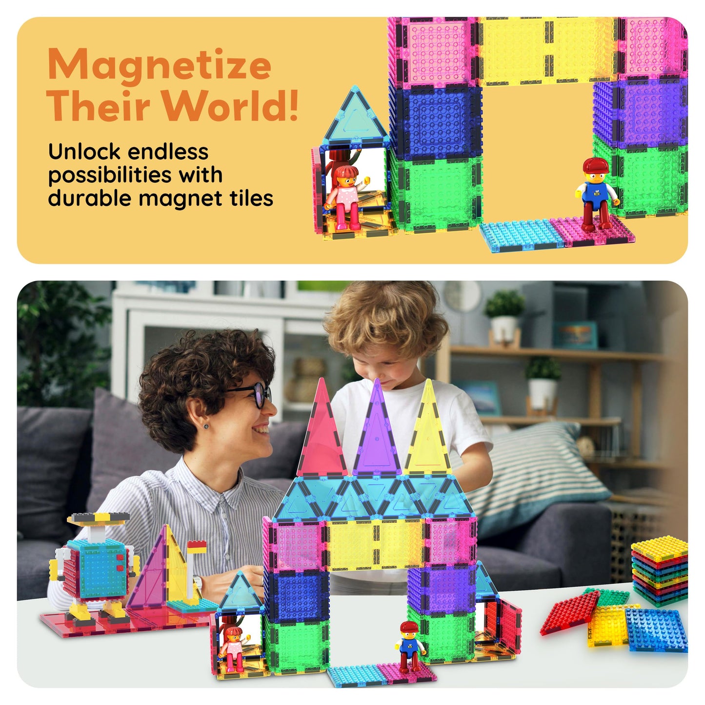 PicassoTiles 63pc Magnetic Tile Building Block Set with 2 Character Figures STEM 3D Construction Educational Toy for Kid Toddlers Boys Girls Age 3 Plus Montessori Learning Playset Creativity Kit PTL63