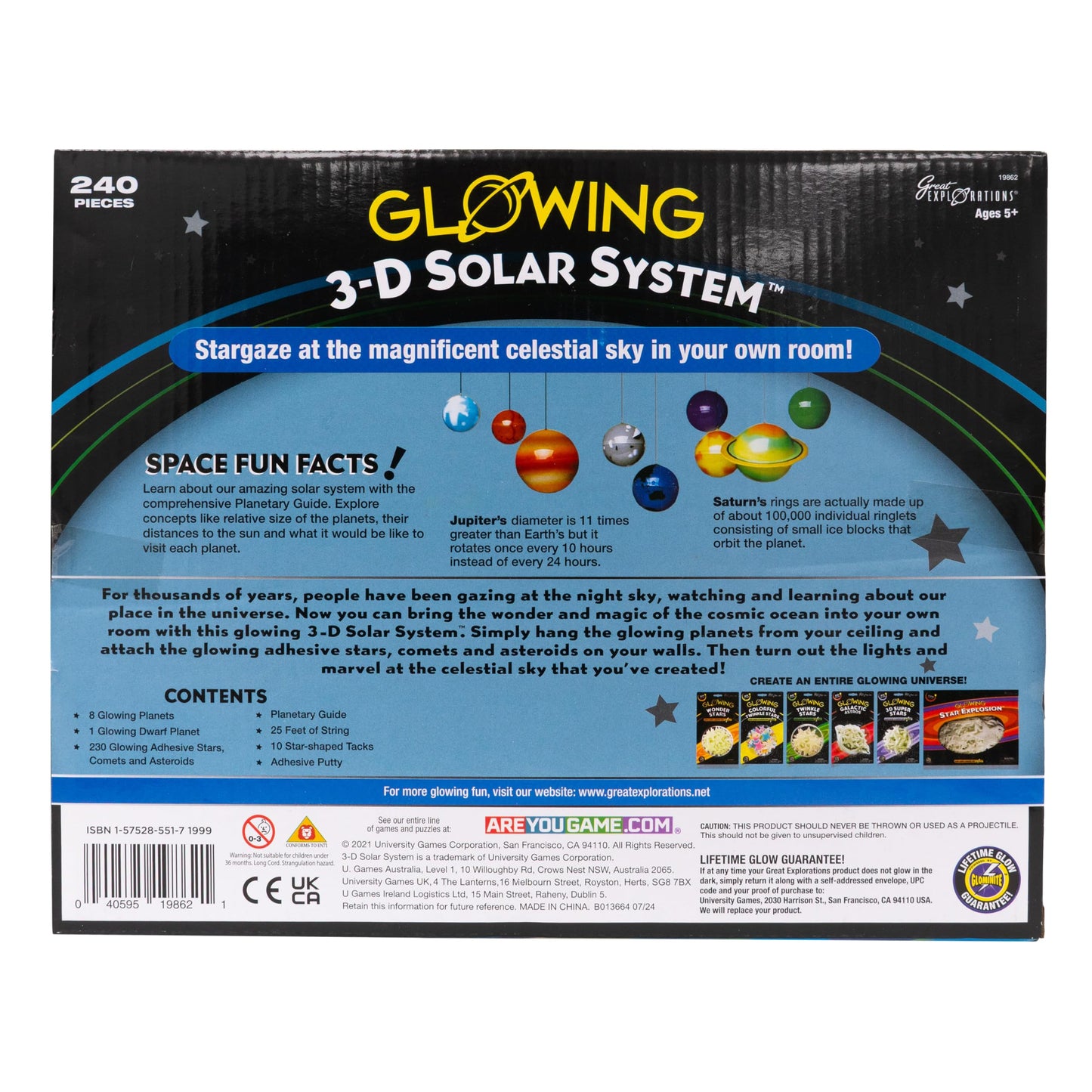 Great Explorations, 3-D Solar System Glow In The Dark Ceiling Hanging Kit 3D Planets and Star Stickers Create the Milky Way Teach Science STEM