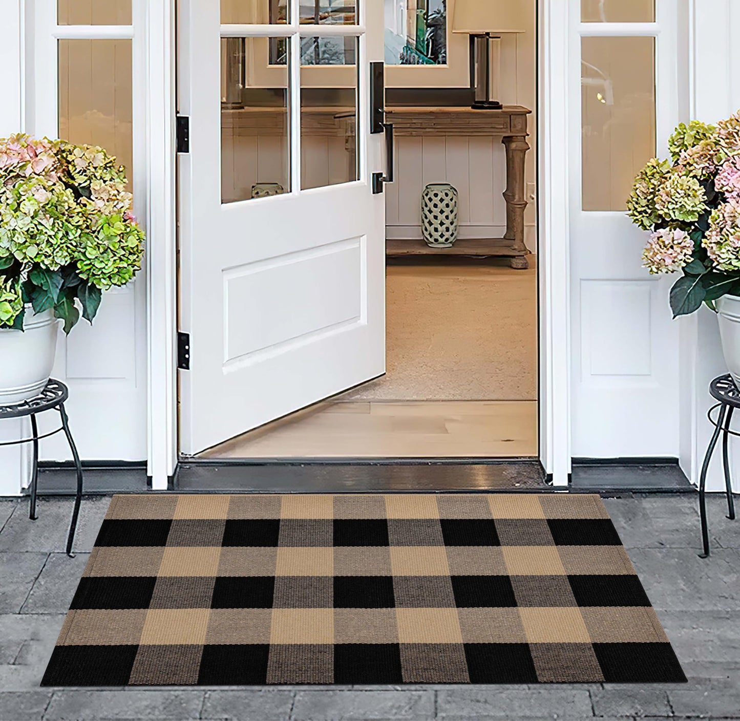 Checkered Front Door Mat Outdoor 24''x35''Buffalo Plaid Outdoor Rug Cotton Washable Layered Doormat for Bedroom,Bathroom,Farmhouse,Entryway,Home Entrance