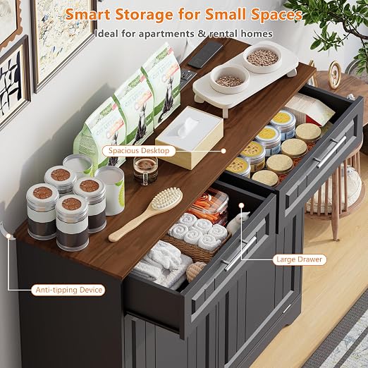 Double 10 Gallon Tilt Out Trash Can Cabinet with Deodorizing Function and Power Outlet, Wooden Hidden Garbage Can Holder with 2 Storage Drawers for Kitchen, Laundry Hamper Cabinet for Bathroom, Black