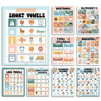 Hadley Designs Phonics Posters for Classroom Must Haves - 9 Sound Wall for Kindergarten & Elementary Teacher Supplies, Syllable, Vowels, Digraphs & Blends Bulletin Board Set, Retro Classrom Decor