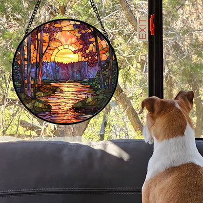 JOSUMALY Stained Glass Window Hanging, Orange Landscape Green Purple Lake Forest Suncatcher for Doors Window Home Sun Catchers Decor Mother's Day Birthday Gifts for Women Men Mom 9.8 in