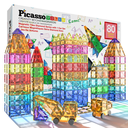 PicassoTiles 80 Pcs Magnetic Building Tiles Magnet Building Block Toys W/Car Diamond Educational Construction Playset Toy for STEM Sensory Gifts Kid Brain Development Stacking Blocks Construction Set