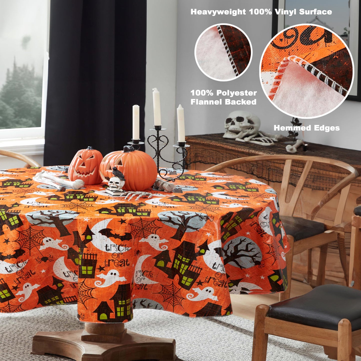 Newbridge Halloween Scream 60 x 84 Inch Oval Vinyl Tablecloth with Flannel Backing, Haunted House Ghost and Bat Design, Easy Care Wipe Clean Halloween Table Cover