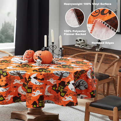 Newbridge Halloween Scream 60 x 84 Inch Oval Vinyl Tablecloth with Flannel Backing, Haunted House Ghost and Bat Design, Easy Care Wipe Clean Halloween Table Cover