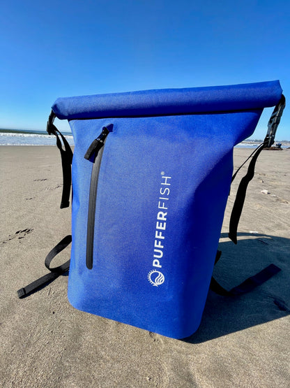 PUFFERFISH 35L Waterproof Roll-Top Beach Backpack - Sandproof Dry Bag Daypack for Beach, Pool, Boat & Travel - Padded Back & Straps, Multiple Pockets, Recycled Plastic, Blue