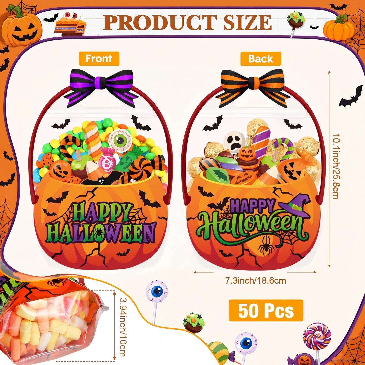 Fuutreo 50 Pcs Halloween Plastic Bags Clear Pumpkin Sealed Gift Pouches with Handles Resealable Scary Holiday Favor Bags for Halloween Holiday Party Candy Gift Wrapping Supplies Decoration