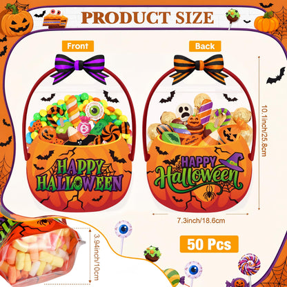 Fuutreo 50 Pcs Halloween Plastic Bags Clear Pumpkin Sealed Gift Pouches with Handles Resealable Scary Holiday Favor Bags for Halloween Holiday Party Candy Gift Wrapping Supplies Decoration