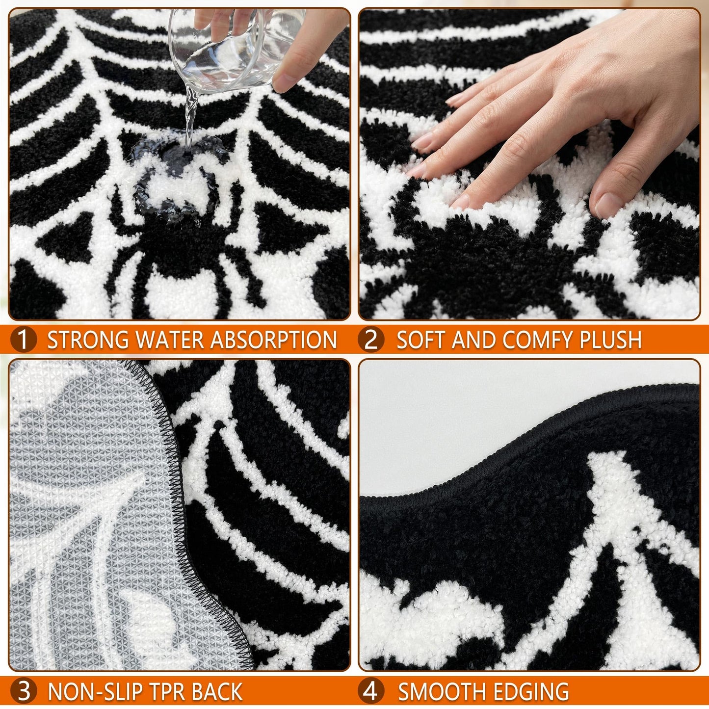 Hexagram Spider Web Bath Mat, Halloween Bathroom Rug 14x27.5 Inches, Halloween Rugs Bathroom Decor, Black Gothic Bath Mat, Ultra Soft Great Absorbency