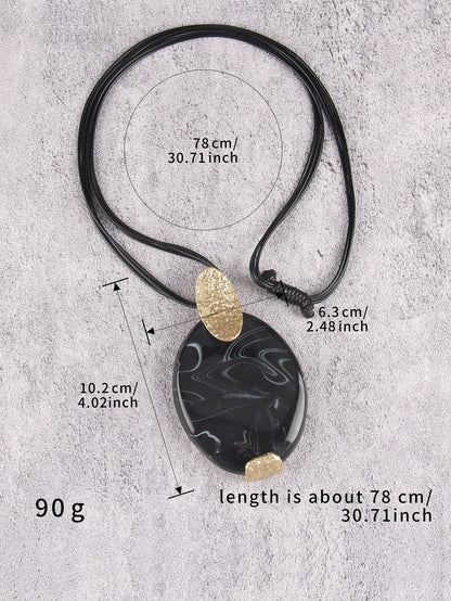 GelConnie Boho Pendant Necklace for Women Long Black Leather Cord Statement Jewelry with Large Oval Black Stone Pendant