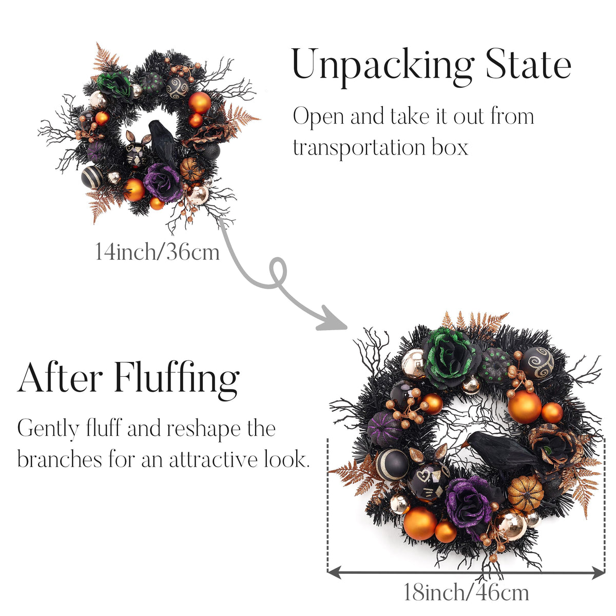 Valery Madelyn 24 Inch Halloween Wreath with Lights for Front Door, Collapsible Pre-Lit Wreath with Fake Crow Pumpkin Halloween Decorations for Home Wall Decor