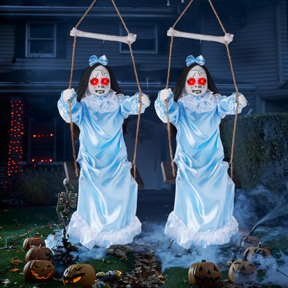 JOYIN 2 Pcs Hanging Ghosts Halloween Decorations Outdoor, 3ft Blue Swinging Creepy Sister Ghost with LED Red Light Eyes Creepy Girl Twins Doll Decor for Indoor Flying Props for Yard Patio Lawn Garden