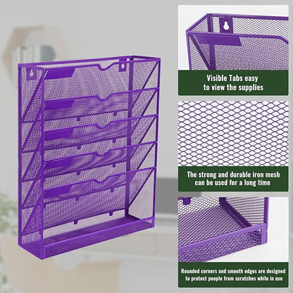 EASEPRES 6 Tier Mesh Hanging Wall File Organizer, Desk Vertical Mail Paper Document Folder Holder Rack with Bottom Tray and Nametag Label for Office Home School, Purple