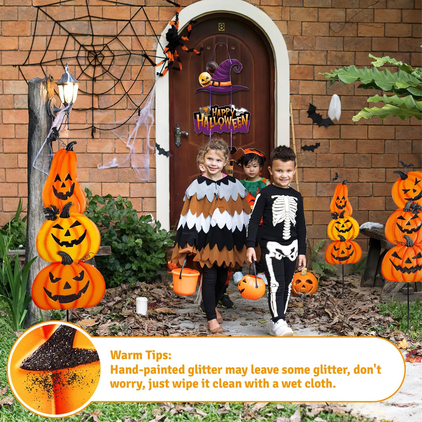 CAMATET Halloween Metal Pumpkin Yard Stakes, Stackable Pumpkin Signs Garden Stake with Witch Door Hanging, Outdoor Halloween Decorations for Lawn Party (Set of 3, Style A)