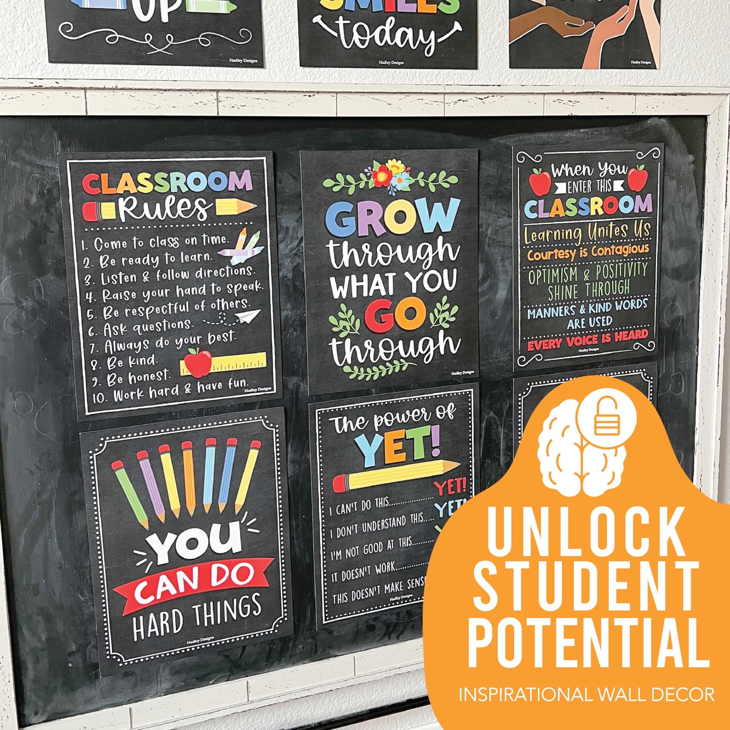 Hadley Designs Motivational Poster for Classroom Decor - 9 Growth Mindset Classroom Posters Elementary, Inspirational Wall Decor Middle School, Teacher Must Have, Chalkboard Bulletin Board Decorations