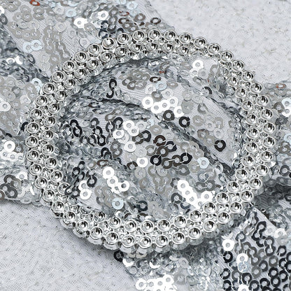 SINSSOWL Pack of 100 Spandex Sequin Silver Chair Sashes for Wedding, Chairs Bands Buckles for Party Folding Chairs Fiesta Baby Shower Christmas Decor - Silver Chair Sash Bows