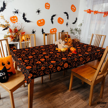 KatchOn, Pumpkin Halloween Tablecloth Plastic - 54x90 Inch, Pack of 3 | Pumpkin Tablecloth, Black and Orange Halloween Table Covers | Table Cloth Disposable