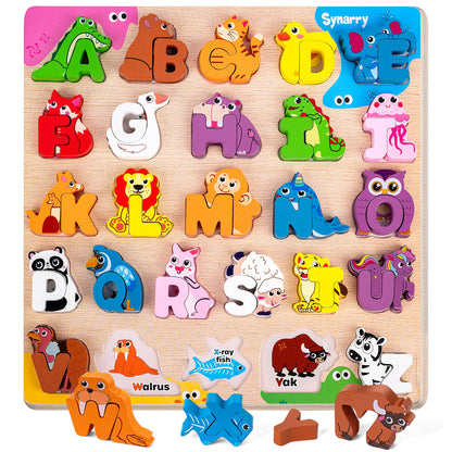 SYNARRY Wooden Alphabet Puzzle, 52 Pieces ABC Puzzles for Kids Ages 3-5, Alphabet ABC Letter Blocks Puzzles for Toddlers 3-5, Animals Letter Matching Preschool Learning Toys, Easter Gifts for Kids