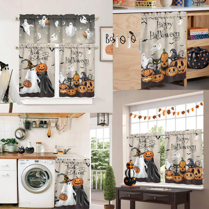 Miffrank Halloween Kitchen Curtains and Valance Set of 3, Ghost Pumpkin Kitchen Window Tier Curtains Farmhouse Window Valances Rod Pocket Panels for Halloween Home Decor