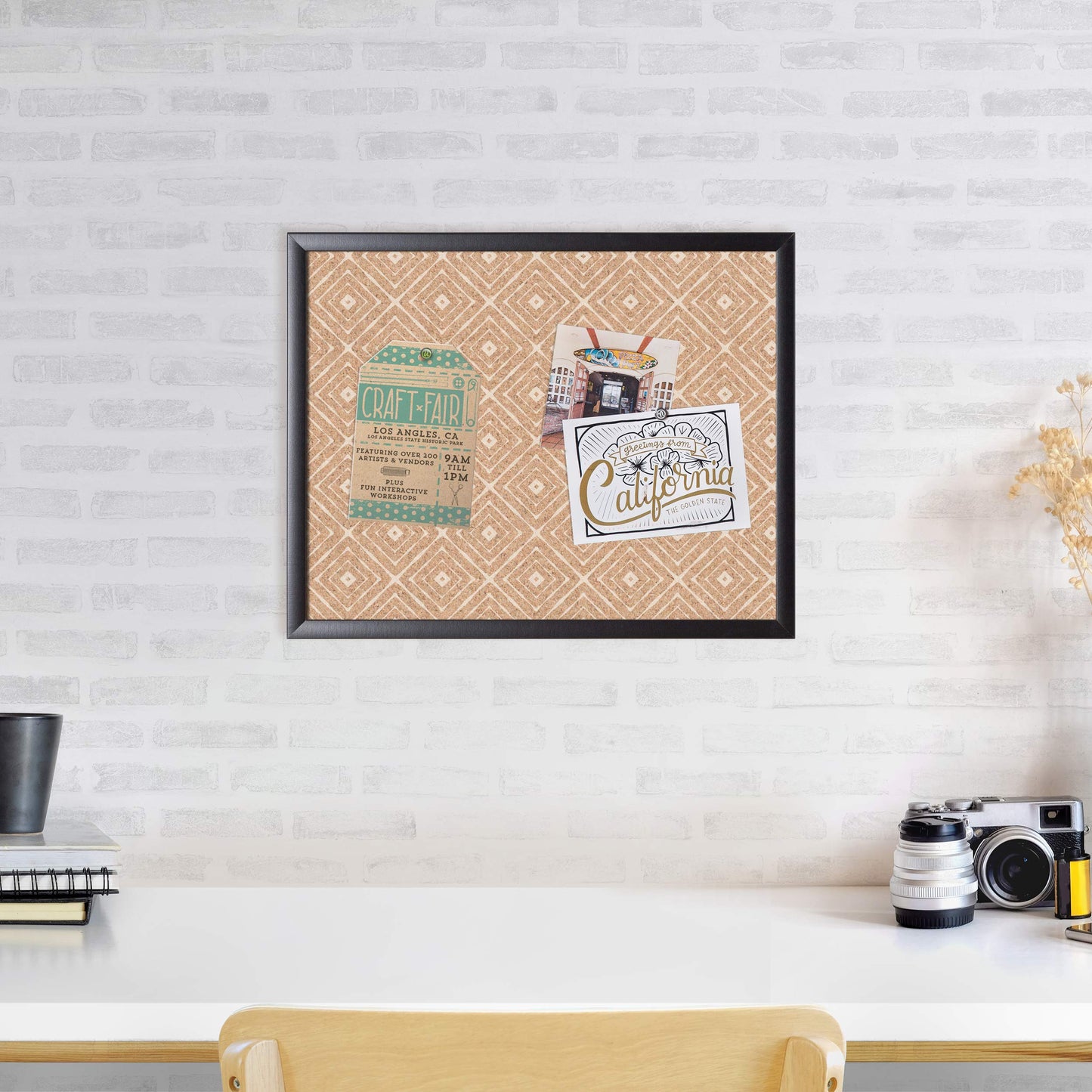 U Brands Fashion Cork Bulletin Board, 16" x 20" Inches, Black Wood Frame