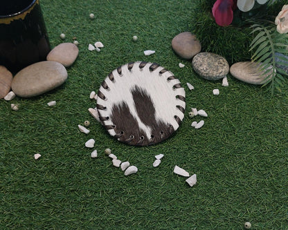 Cowhide Coasters Set of 6 pcs Round Natural Cowhides Drink Pads Hair On Genuine Leather Tea Cup Mats Home Decor & Home Living Ideas Multicolor Furry, Stain Protection