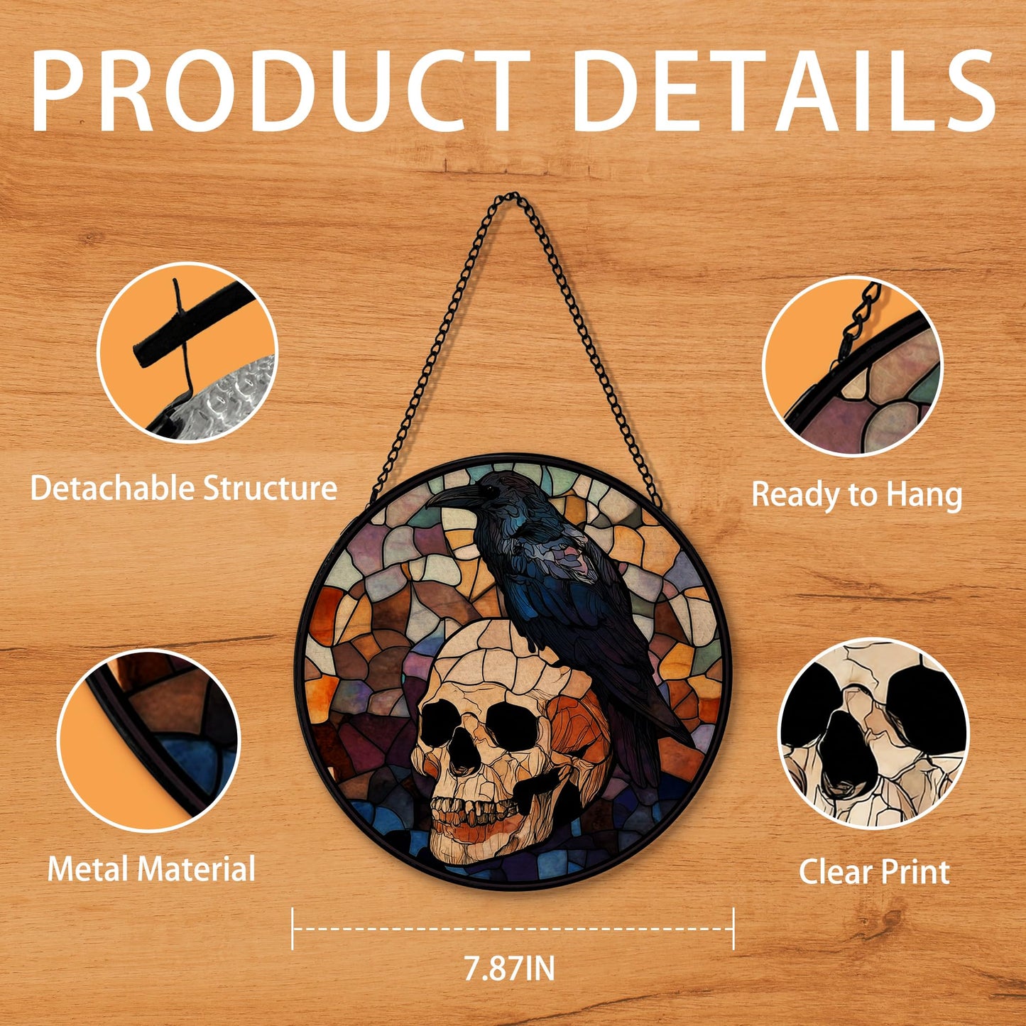 Hxlac Black Raven Halloween Suncatcher Stained Glass Window Hanging, Gothic Skull Black Crow Sun Catchers Indoor Window Glass Round Wall Decor, Halloween Raven Wall Art Hanging Decorations, ＂7.8x7.8＂