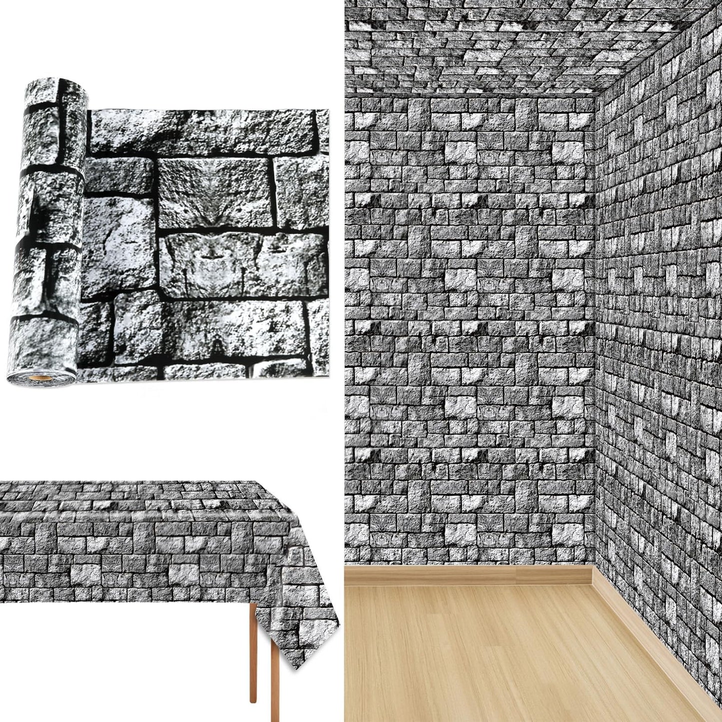party greeting Brick Stone Wall Tablecloth Roll Disposable Stone Wrapping Plastic Table Cover Castle Backdrop for Halloween Western Birthday Medieval Party Decoration Favors Supplies 100FT x 51 Inch