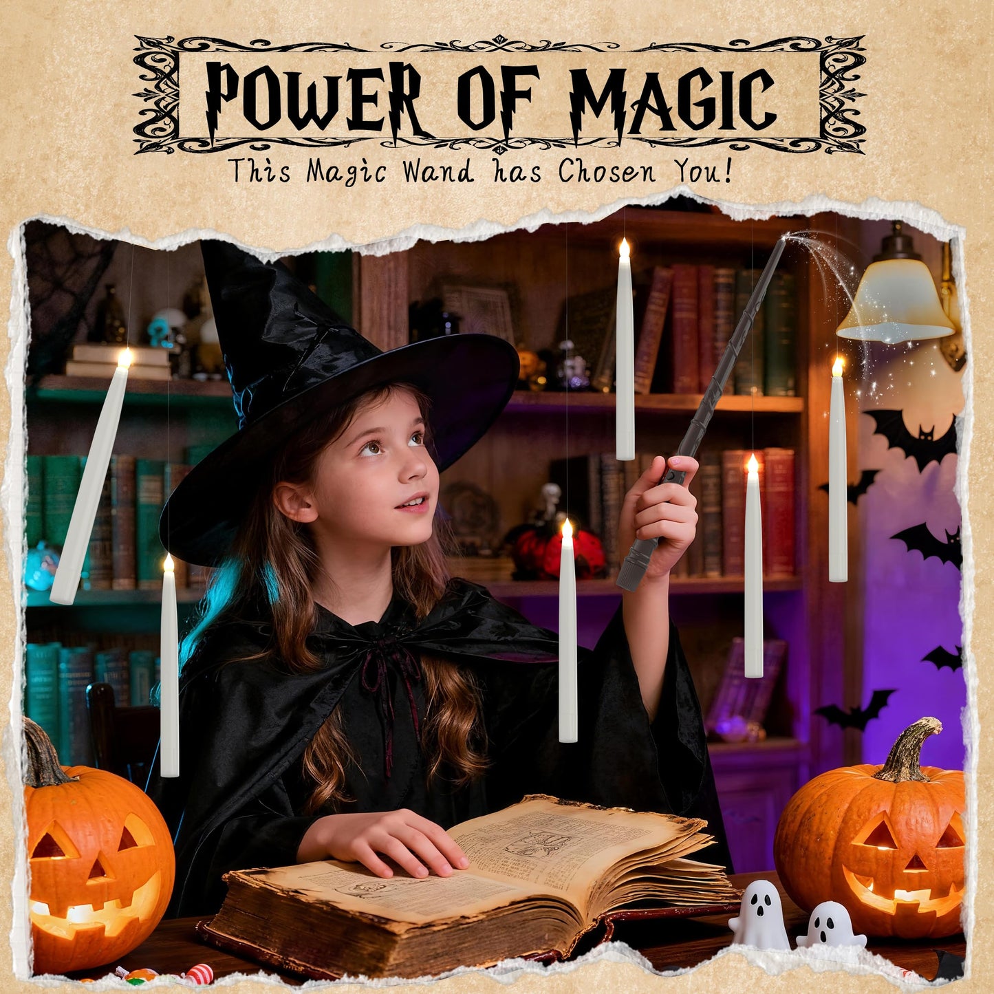 Prerish 20PCS Floating Candles with Wand, Magic Halloween Hanging Candles, Flickering Battery Operated Taper LED Flameless Candles with Wand Remote for Halloween Decorations Gifts Indoor