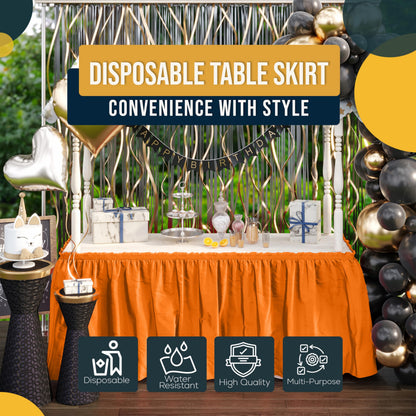 Exquisite Orange Table Skirt 6 Pack - Disposable Plastic Table Skirts for Rectangle Tables 6ft 8ft & Round Tables - 29in x 14ft Self-Adhesive Strip - Birthday Wedding Gender Reveal Decor