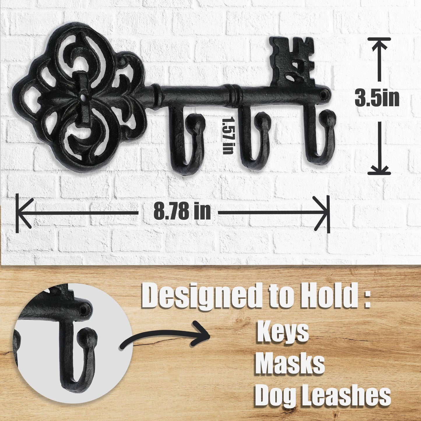 IRISVITA Key Holder for Wall Decorative, Antique Black Cast Iron Key Holder, Rustic Key Hooks for Wall with 3 Hooks, 8.75 x 3.5 Inches with Gitable Packaging, Matching Screws and Anchors Included