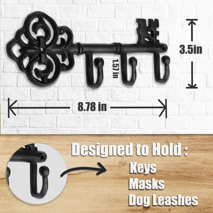 IRISVITA Key Holder for Wall Decorative, Antique Black Cast Iron Key Holder, Rustic Key Hooks for Wall with 3 Hooks, 8.75 x 3.5 Inches with Gitable Packaging, Matching Screws and Anchors Included