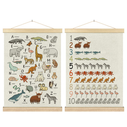 BCUANGD Alphabet Educational Wall Decor - Neutral Ocean Coastal Animals Poster Hanger with Wood Frames Set of 2, Kids ABC Numbers Wall Hanging Canvas Decor for Home Playroom Kids Room, 12x16 Inches