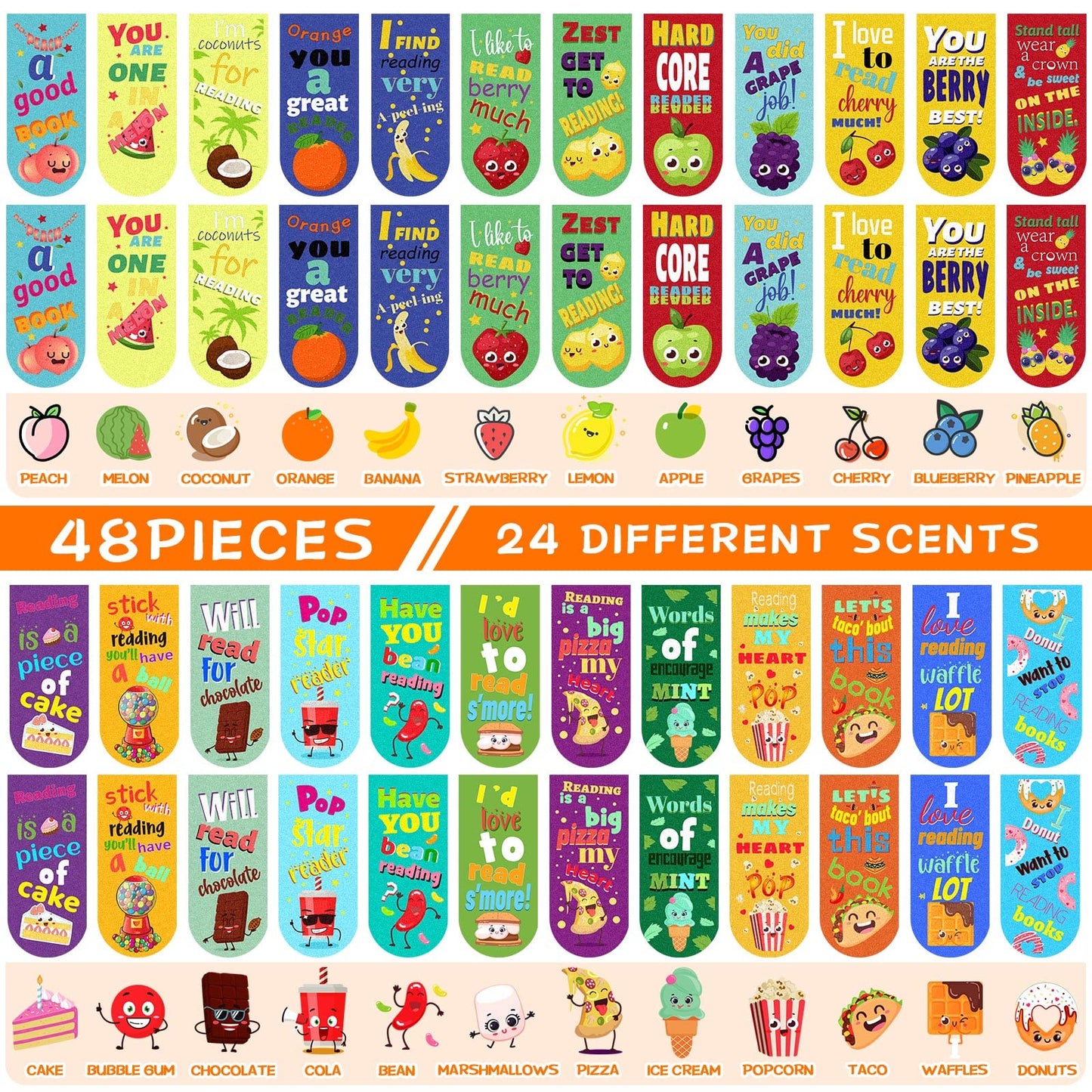 48 Pack Scented Bookmarks Magnetic Scratch and Sniff Fruit Food Bookmarks for Kids Cute Page Markers with Sayings for Kids Students Teens Teachers(Mixed Flavor)