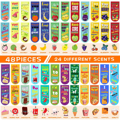 48 Pack Scented Bookmarks Magnetic Scratch and Sniff Fruit Food Bookmarks for Kids Cute Page Markers with Sayings for Kids Students Teens Teachers(Mixed Flavor)