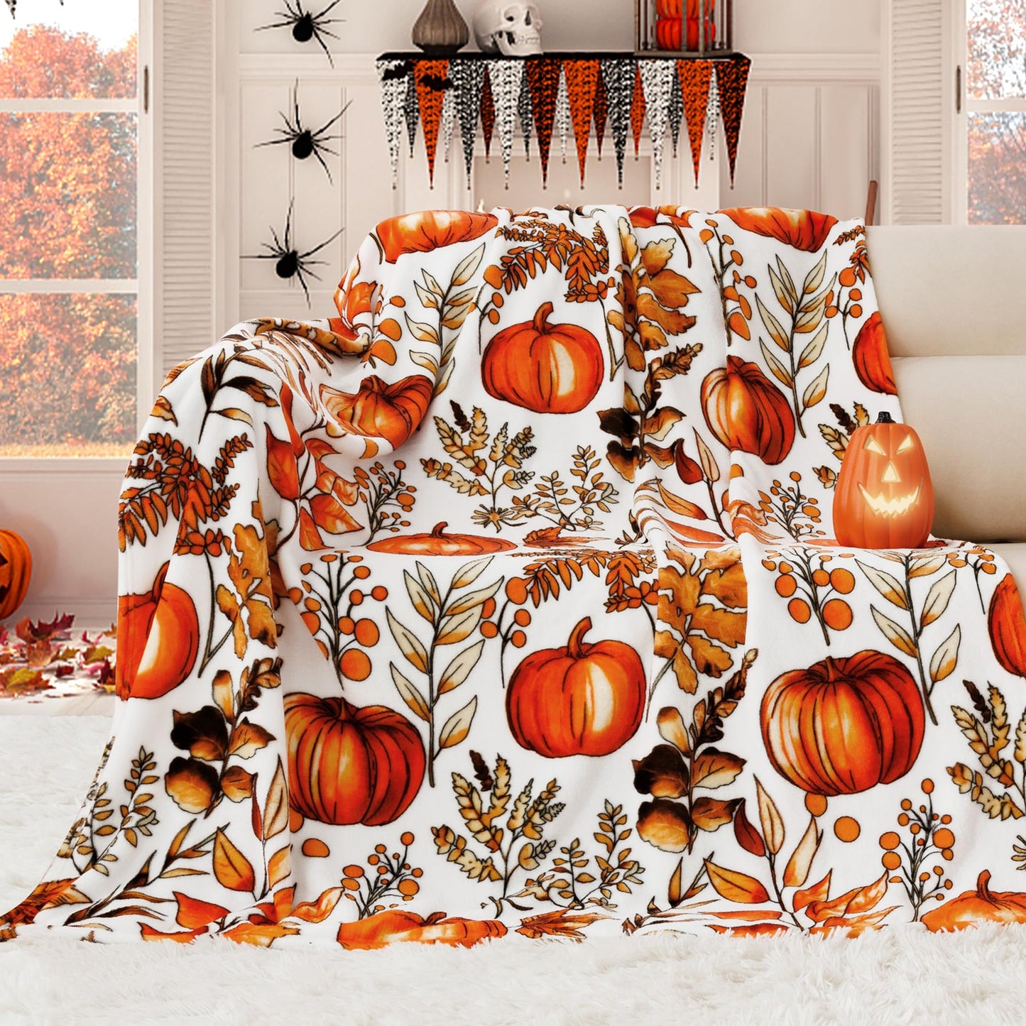 ROMROL Halloween Throw Blanket, Fall Throw Blankets, Fuzzy Fluffy Cozy Soft Throws, Pumpkin Leaves, Fleece Flannel Plush Blanket Halloween Fall Decor for Couch Bed Sofa (50" x 60")
