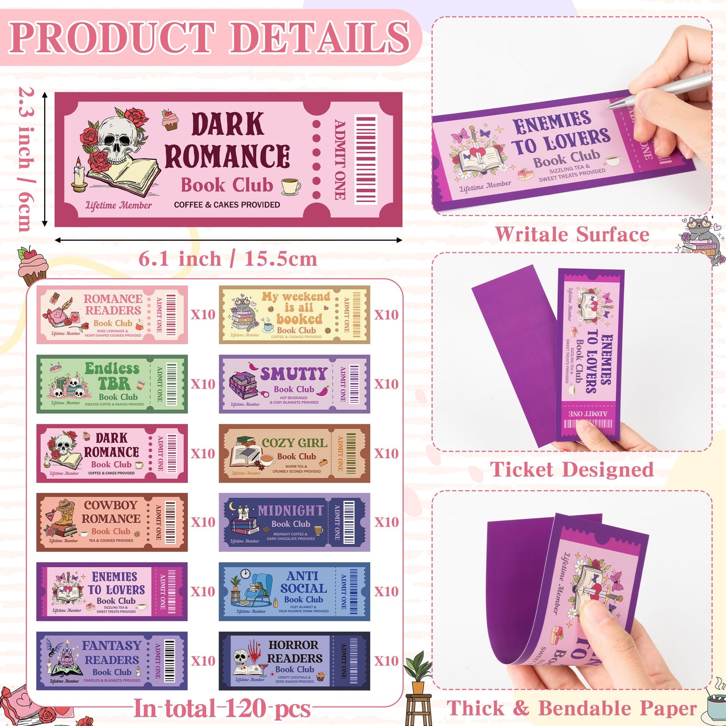 Laffact 120Pcs Funny Book Club Ticket Bookmark, Cowboy Romance Reading Tracker, Dark Romance Horror Anti Social Fantasy Readers Accessories Supplies Bookish Gifts Page Clip for Women Men Book Lover
