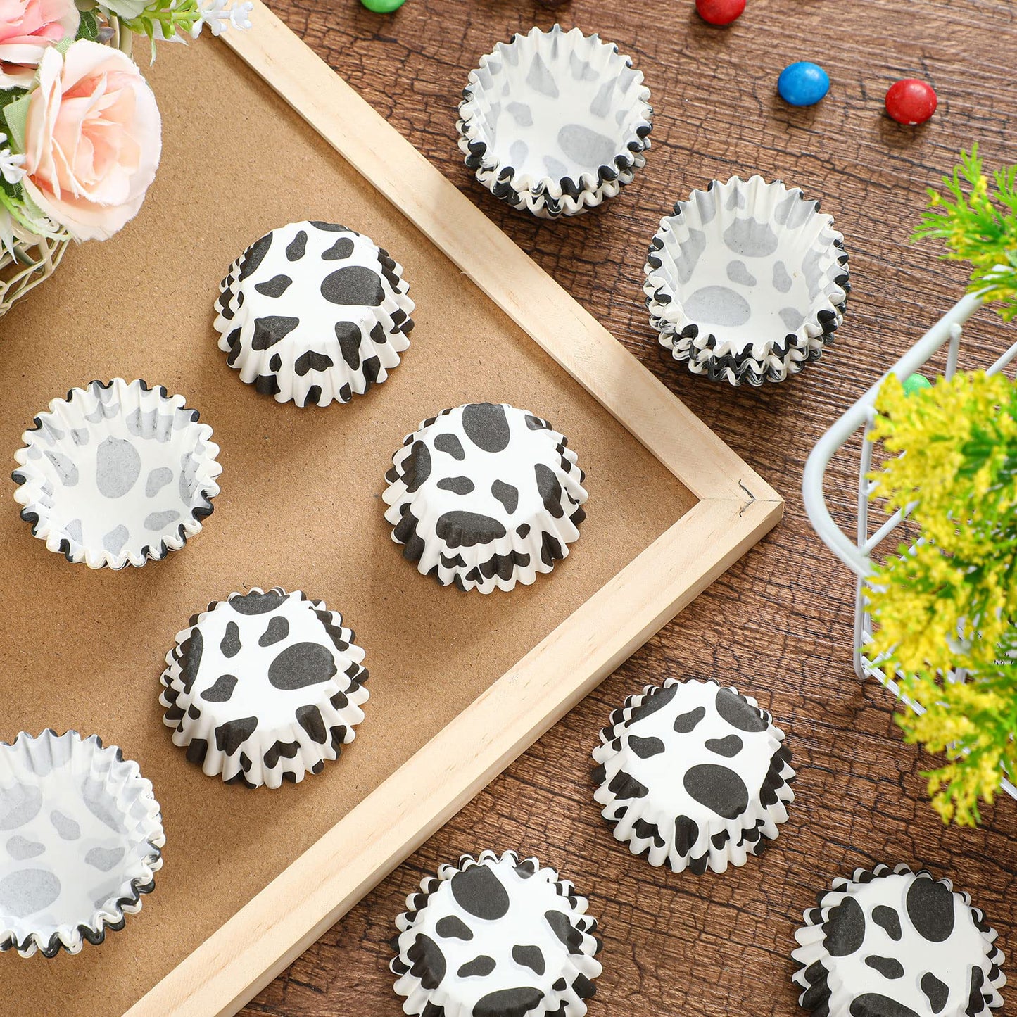 Pinkunn 600 Pcs Cow Print Paper Cupcake Liners Mini Cupcake Liners Muffin Baking Cups Small Candy Cups Making Supplies for Birthday Shower Theme Graduation Party Decoration