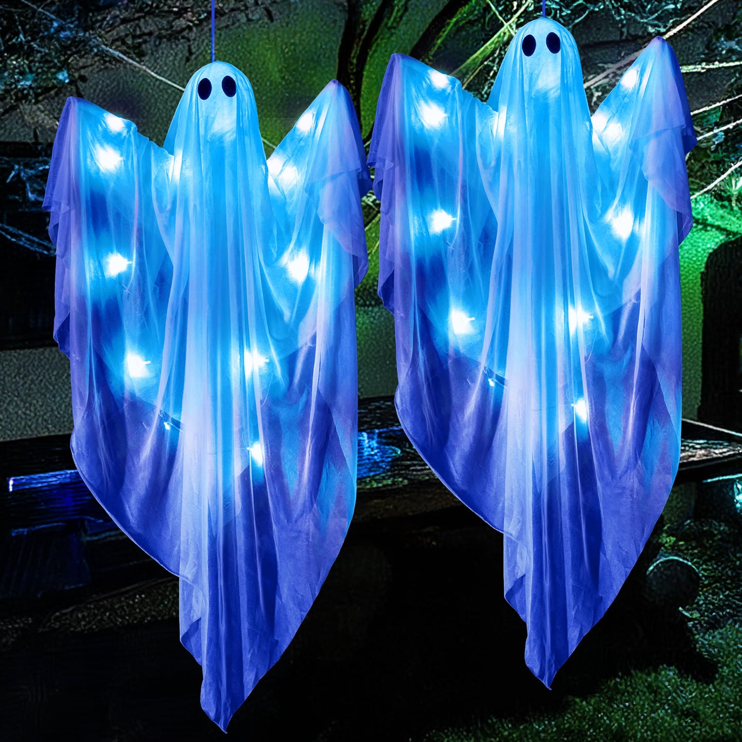JOYIN 2 Pcs 47” Halloween Hanging Light up Ghost Decorations Outdoor, Halloween White Hanging Ghosts with Blue LED Lights and Timer for Haunted House Party Supplies Front Yard Patio Garden Decor