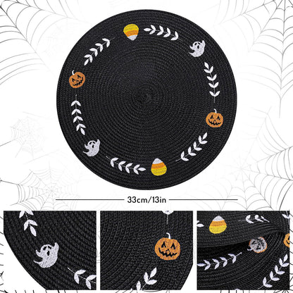 Whaline 4 Pcs Round Halloween Placemats Embroidered Ghost Pumpkin Candy Corn Place Mats Black Spooky Dinner Table Mats for Halloween Holiday Trick or Treat Party Table Decor