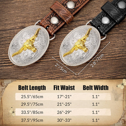 JKEEMI Kids Western Belt for Boys Girls, Embossed Genuine Leather Cowboy Cowgirl Belt for Jeans Pant Dresses Gift