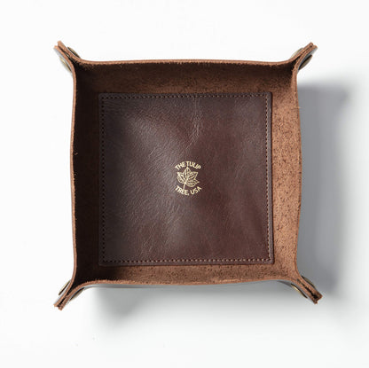 American Made Premium Leather Valet Tray, Folds Flat! Dice Rolling Basket and Organizer with Brass Rivets (Dark Walnut Brown, Medium)