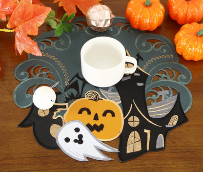 Holiday Halloween Placemats Set of 4 Cutwork Applique Embroidered Pumpkins and Bats Dresser Scarf for Home Dining Autumn Thanksgiving Tabletop Decoration (Style 1, 14" Placemats Set of 4)