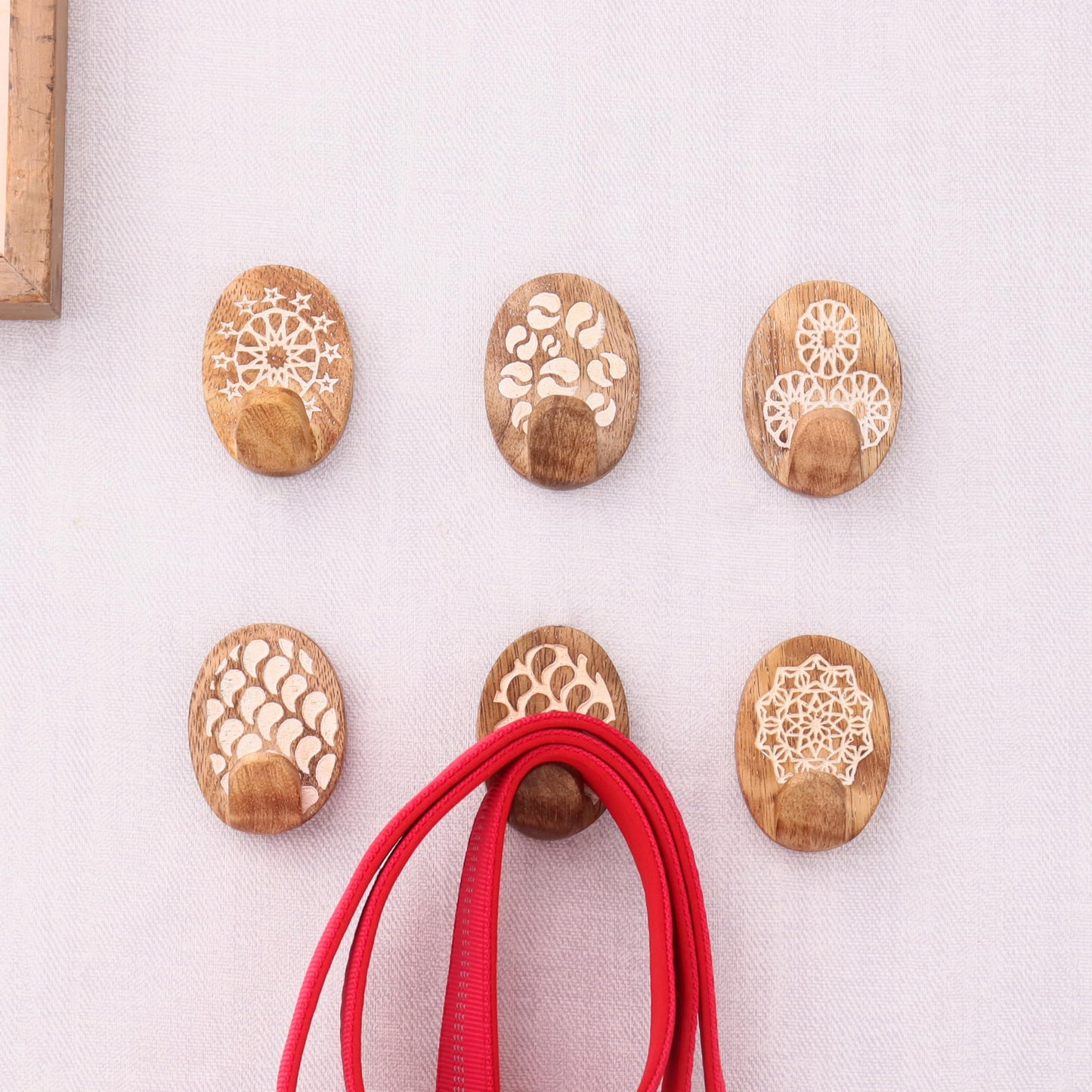 Indian Shelf 6 Lb Decorative Wood Adhesive Wall Hooks–Boho Peel and Stick Hooks for Keys, Hats, Towels, Bags & Entryway Decor, Self Adhesive Wall Mounted Hooks for Home Organization -6 Pieces
