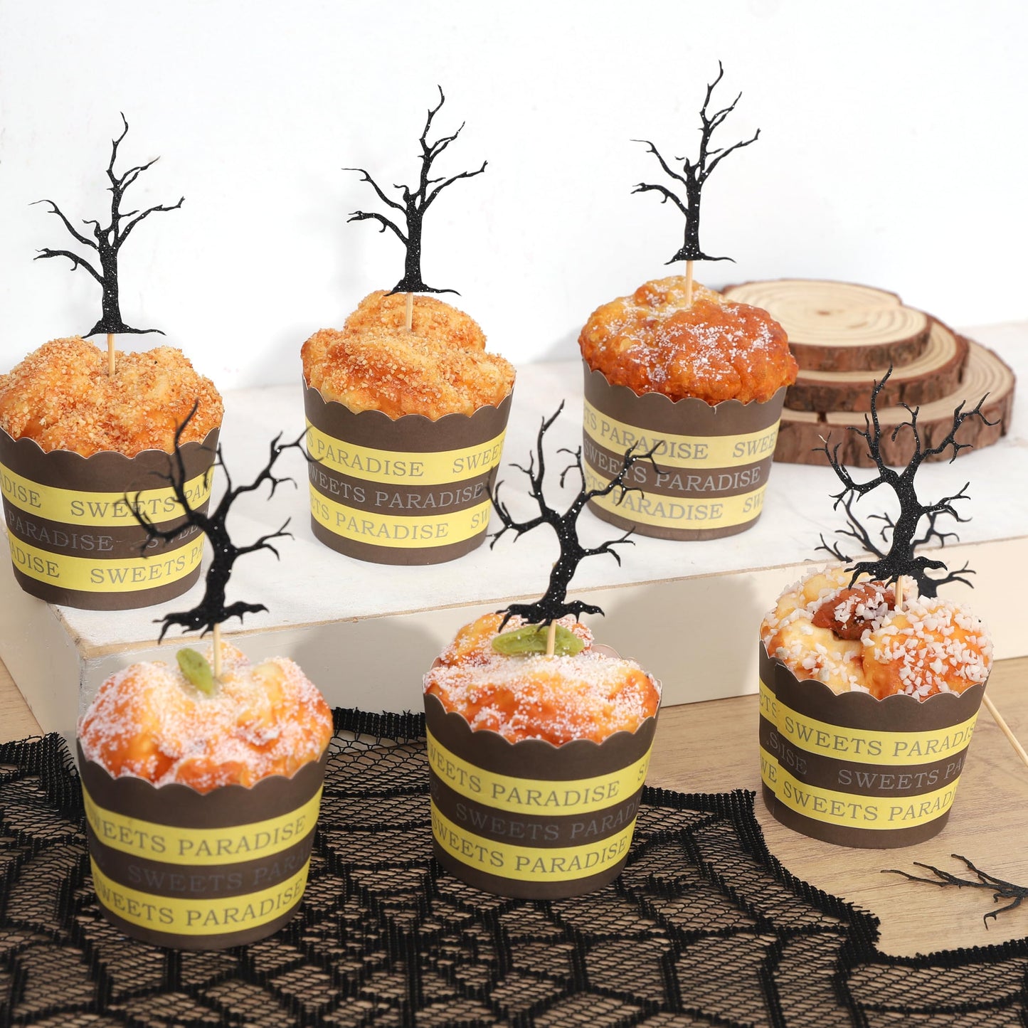 Haunted Forest Halloween Cupcake Topper - Haunted House Theme Baby Shower Party Decoration, Black Glitter Spooky Tree Cupcake Decoration, Halloween Birthday Party Supplies, Cake Smash Photo Props