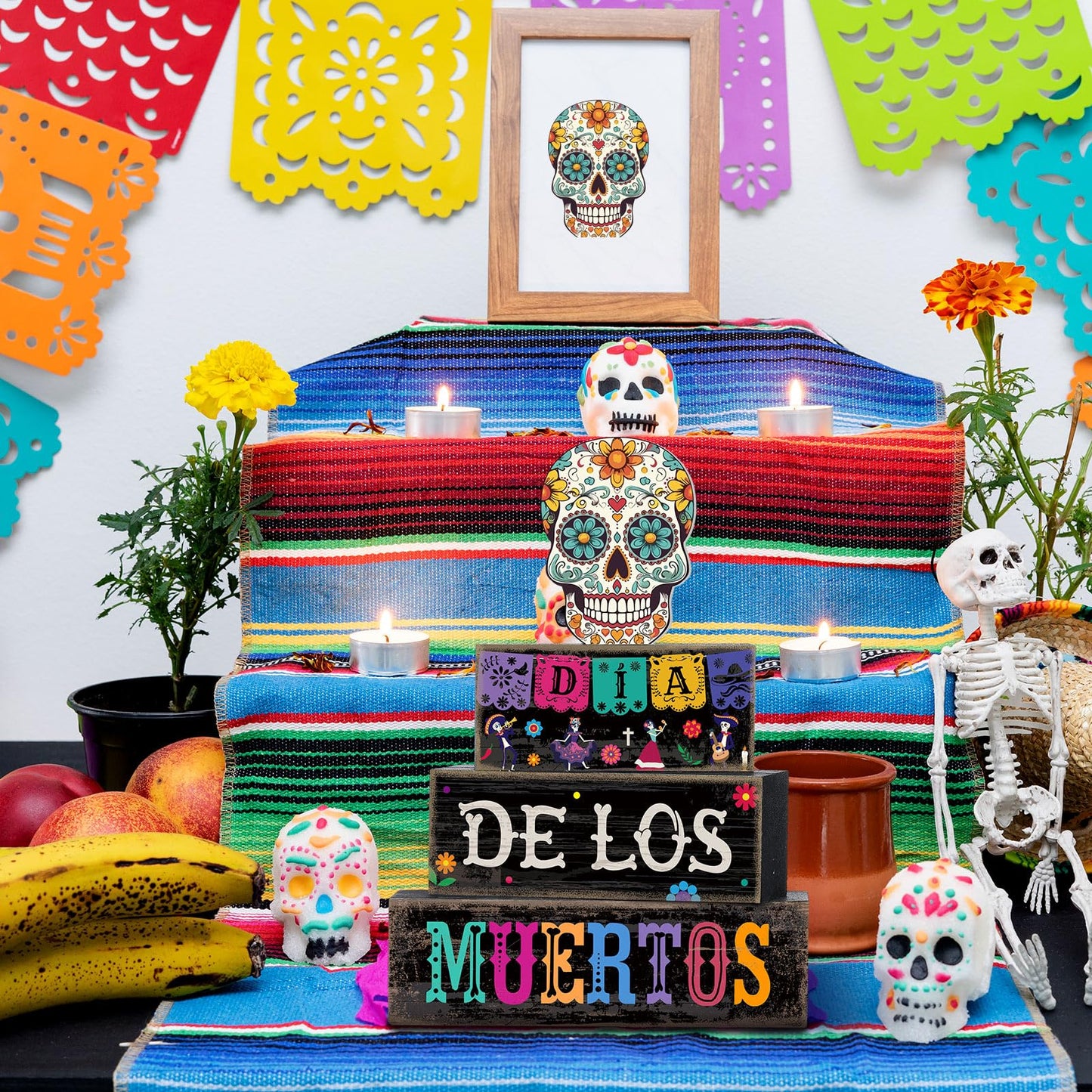 Lineshading 4 Pcs Day of The Dead Table Decorations Day of The Dead Centerpiece for Table Dia De Los Muertos Tiered Tray Decor Wood Sugar Skull Block Signs for Halloween Party Home Shelf Decoration