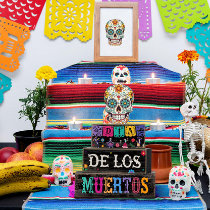 Lineshading 4 Pcs Day of The Dead Table Decorations Day of The Dead Centerpiece for Table Dia De Los Muertos Tiered Tray Decor Wood Sugar Skull Block Signs for Halloween Party Home Shelf Decoration