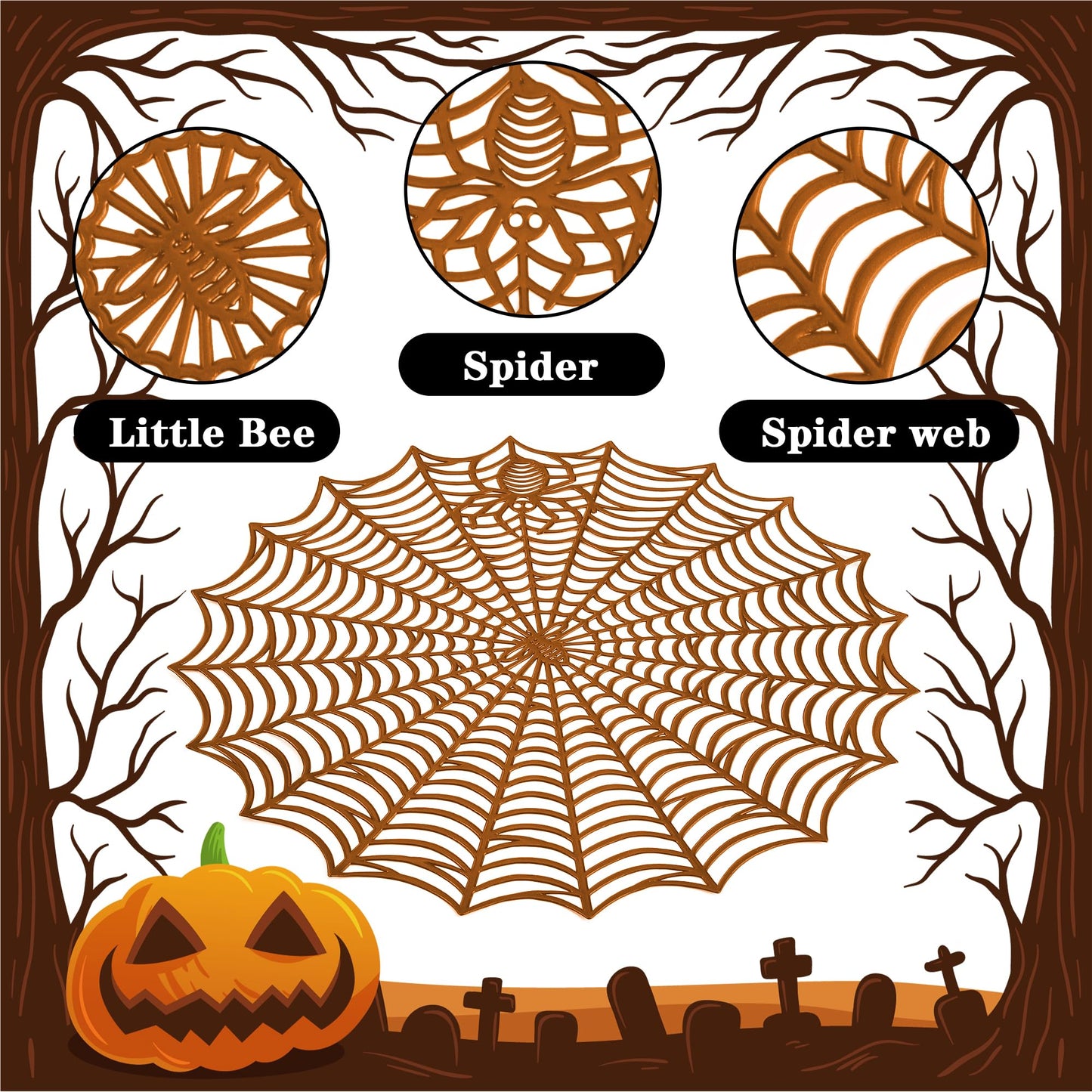 Sfcddtlg 6 Pcs Halloween Spider Web Placemats- 15"" Heat Insulation Halloween Placemats Spider Web Table Mats- Hollow Out Spiderweb Coasters Placemat for Dining Table Halloween Decoration (Brown)