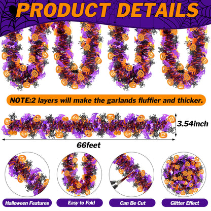 66 Ft Halloween Tinsel Garland, Purple Black Orange Glitter Tinsel Garlands with Pumpkin Bat Spider Metallic Twist Hanging Streamers Decoration for Halloween Party Home Indoor Outdoor Decor Supply