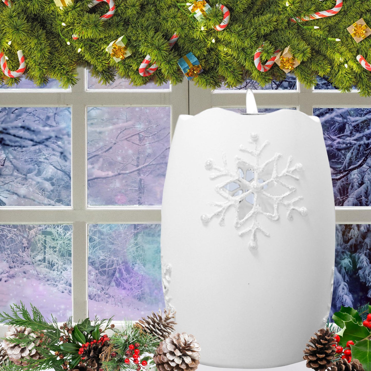 Lighted Snowflake Candle Holder – White Frosted Glass Christmas Decoration, 5" H x 3.5" D Winter Snowflake Table Décor, LED Holiday Candle Holder for Mantel, Shelf, Centerpiece Home Accent Gift